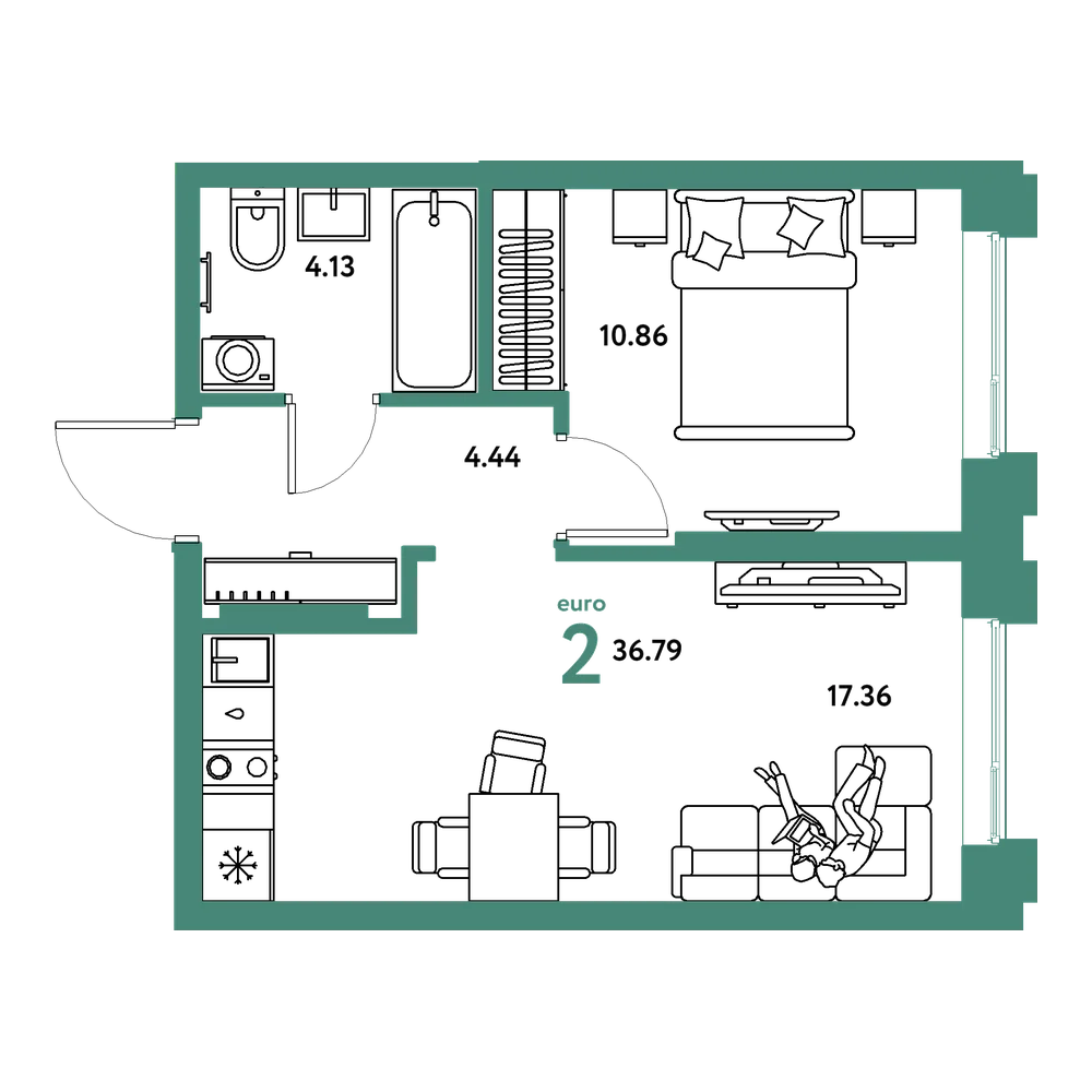 Планировка: Евродвушка 36,79 м²