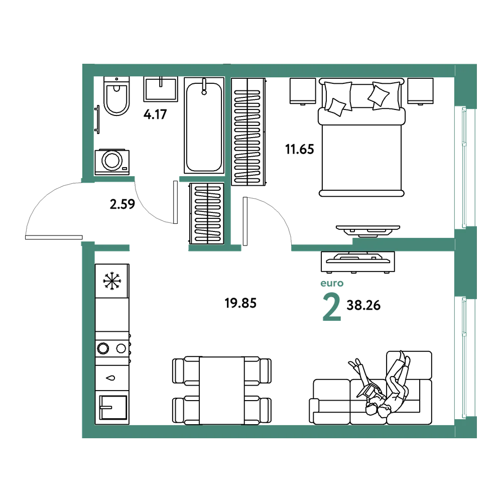 Планировка: Евродвушка 38,26 м²