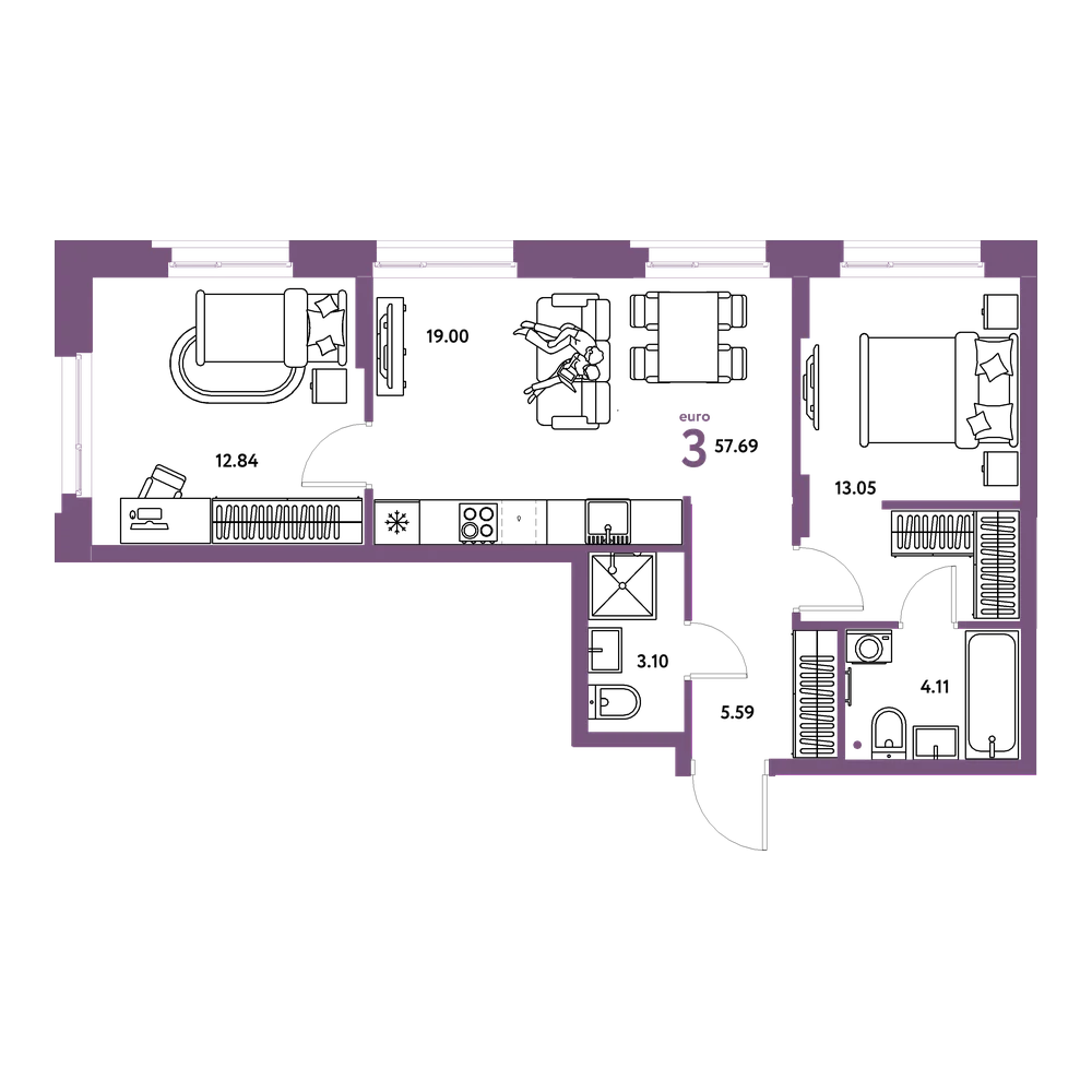 Планировка: Евротрёшка 57,69 м²
