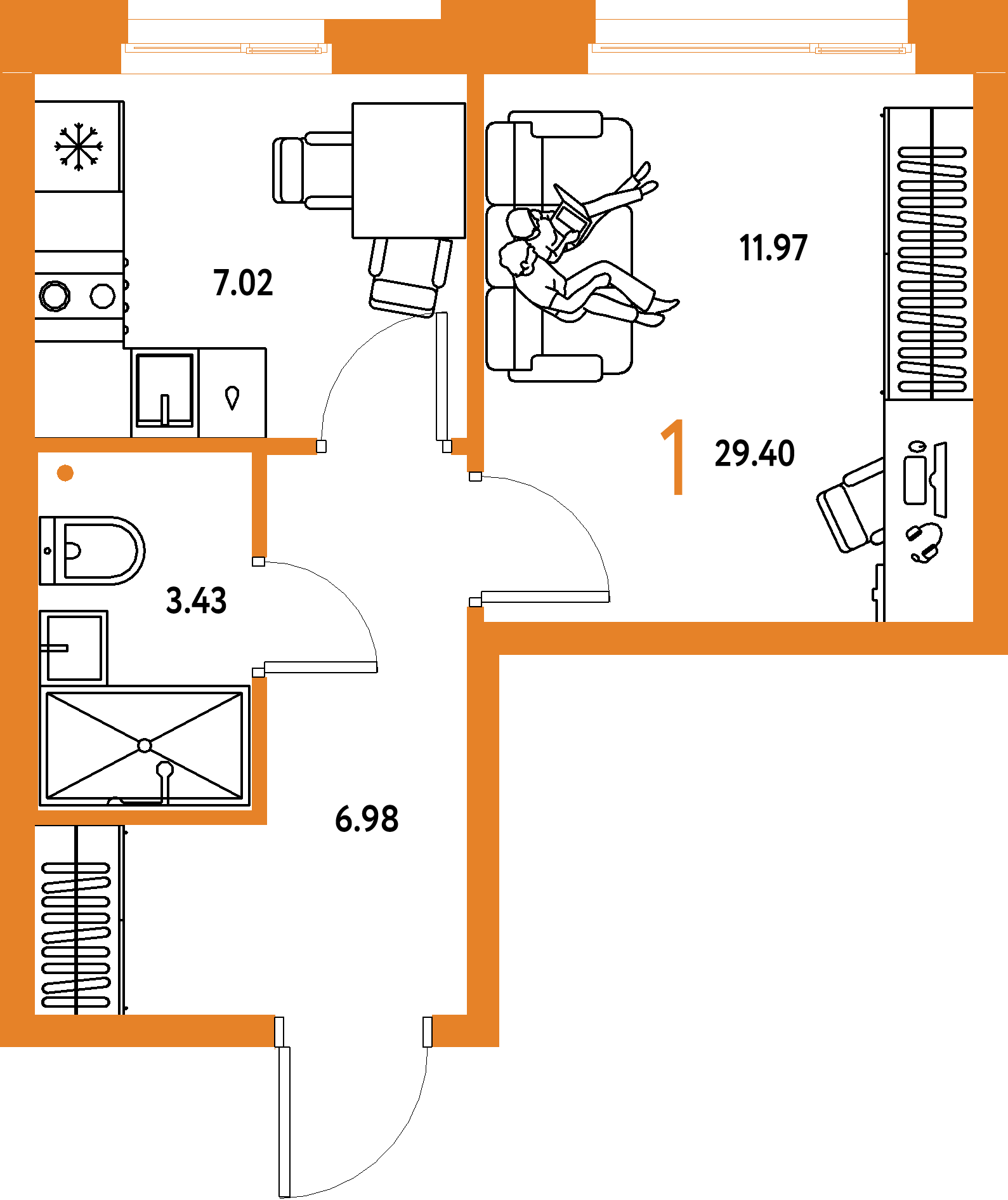 Планировка: 1-комнатная 29,4 м² в ЖК «Домашний»