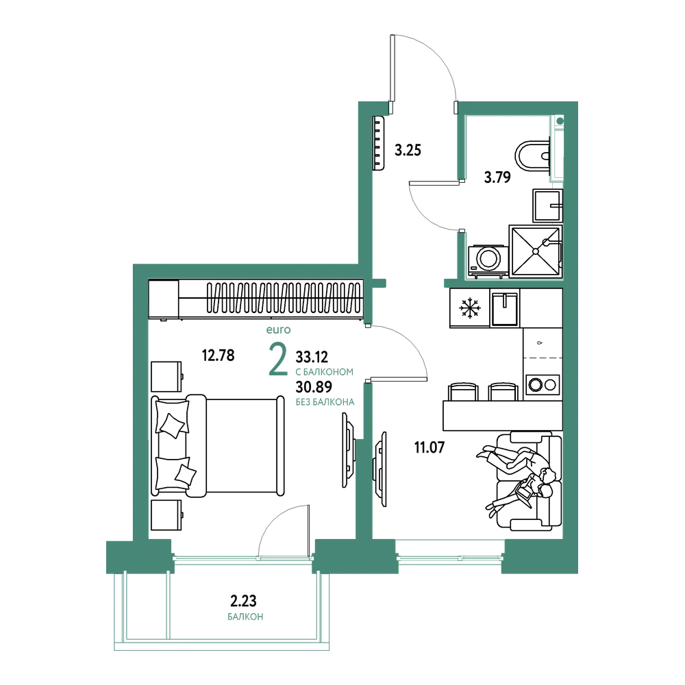 Планировка: Евродвушка 33,12 м²