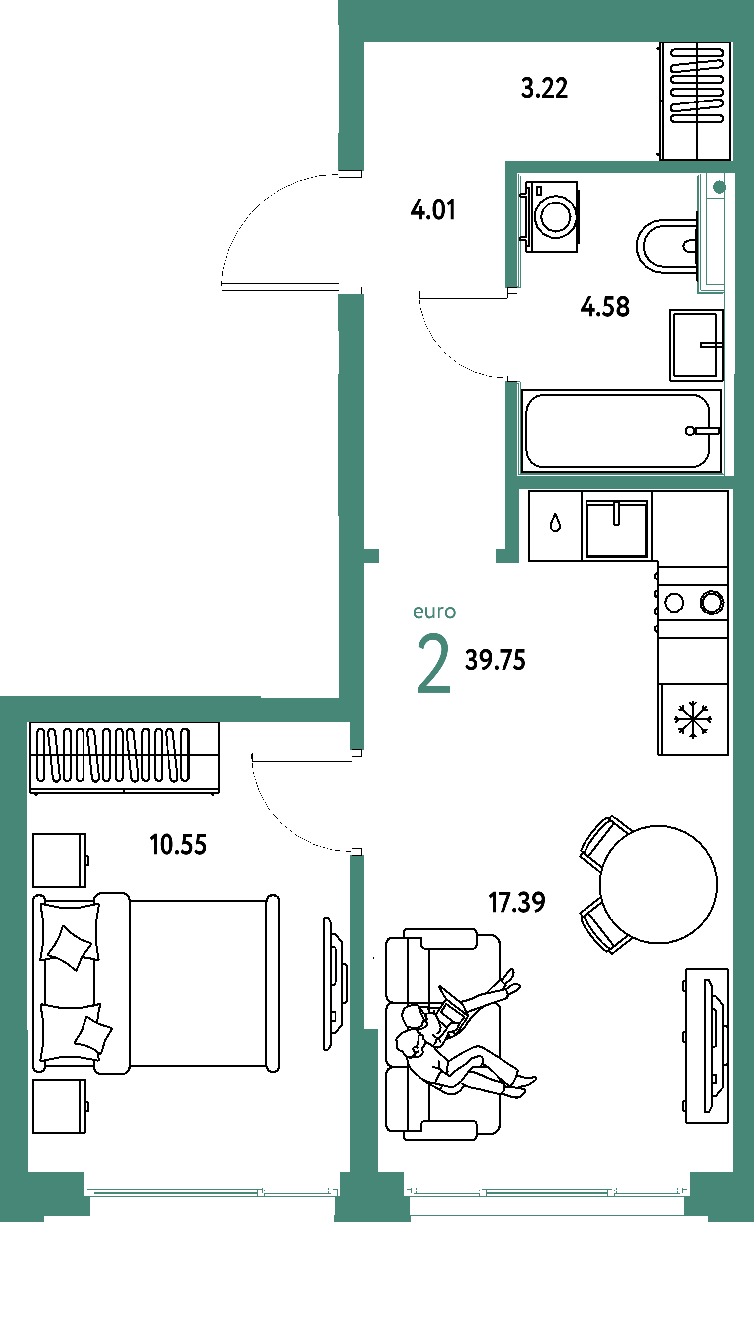 Планировка: Евродвушка 39,75 м² в ЖК «Сердце Сибири»