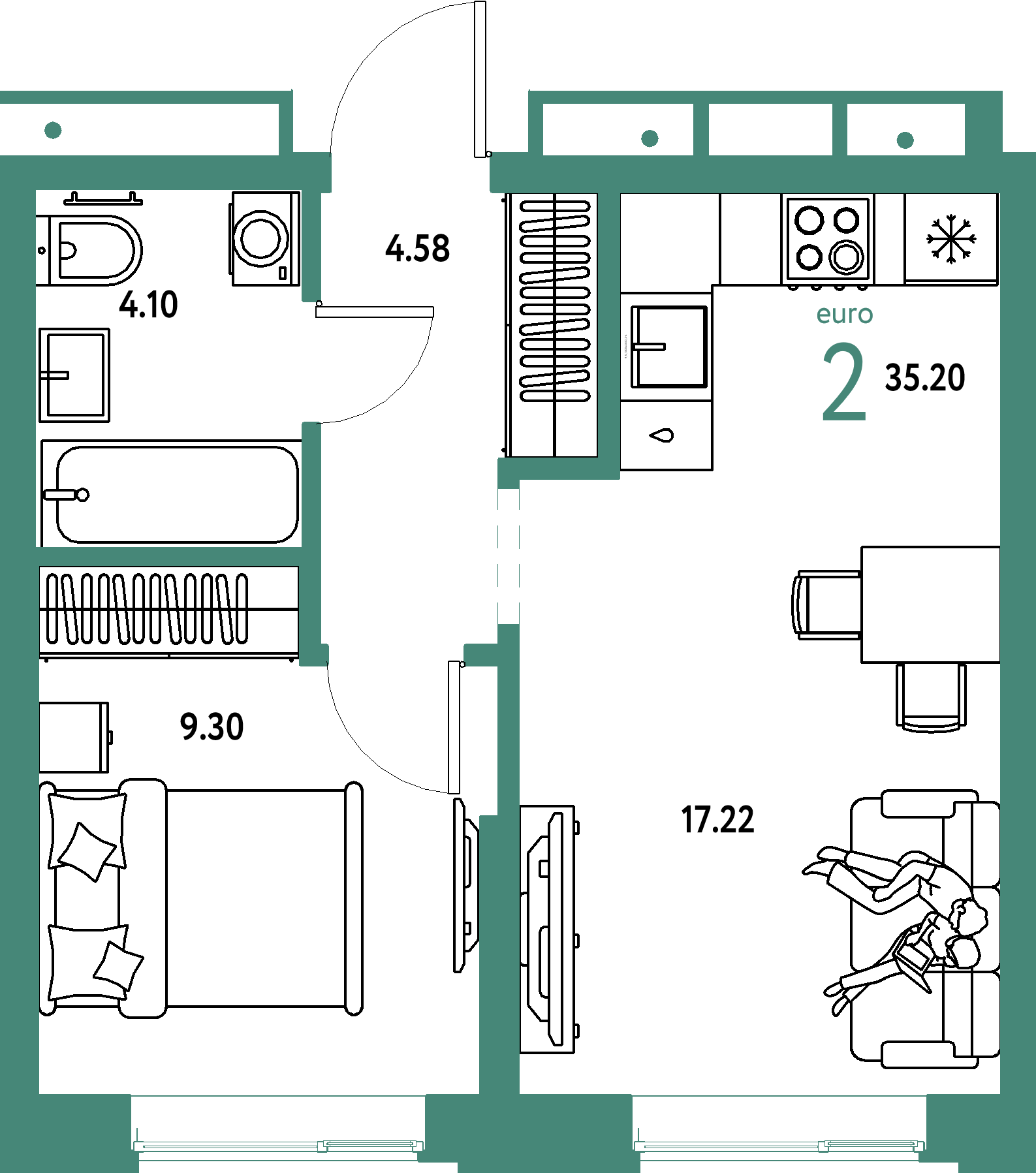 Планировка: Евродвушка 35,2 м² в ЖК «Домашний»