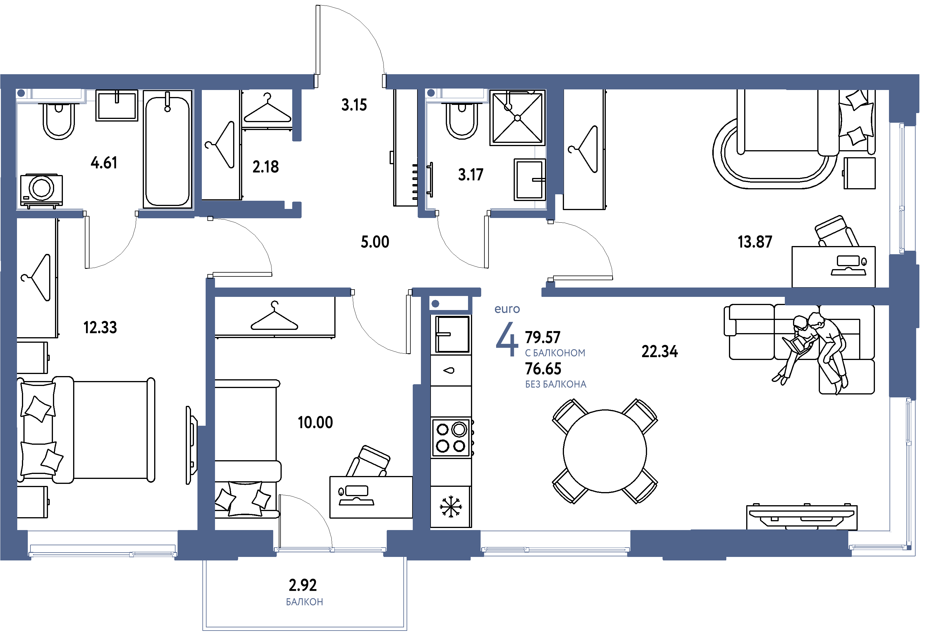 Планировка: Евро-4 79,57 м² в ЖК «Страна.Прибрежная»