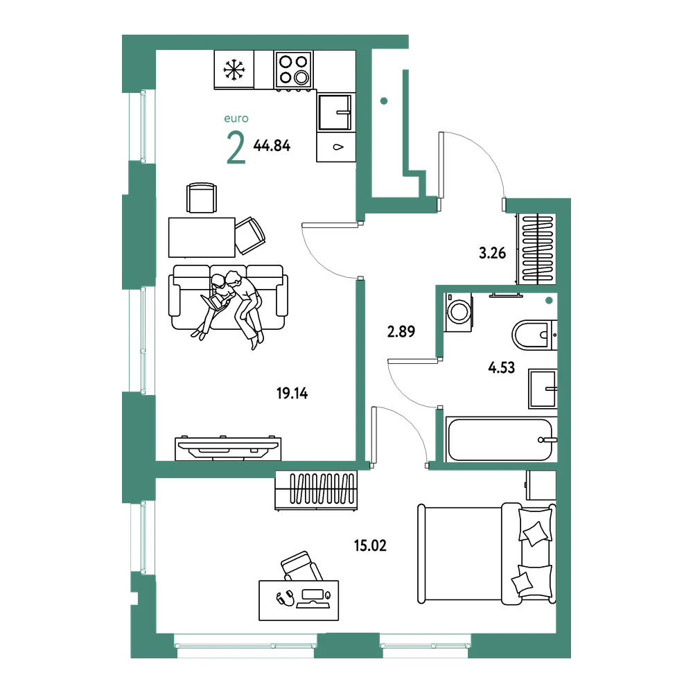 Планировка: Евродвушка 44,84 м²