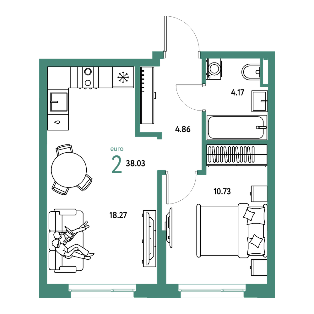 Планировка: Евродвушка 38,03 м²
