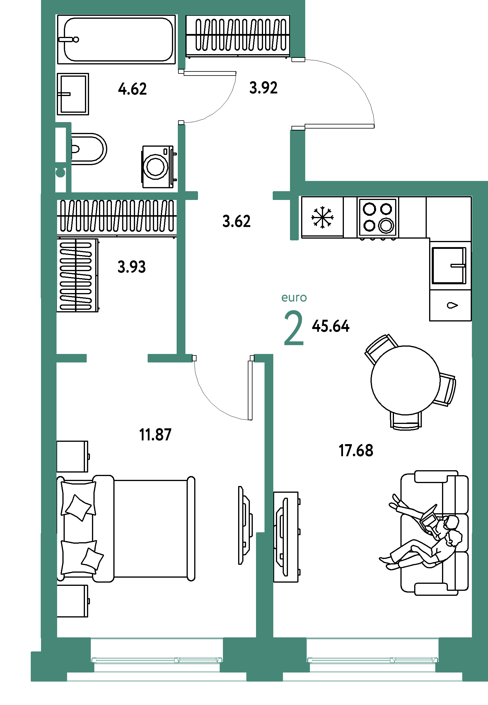 Планировка: Евродвушка 45,64 м² в ЖК «Остров-сад»
