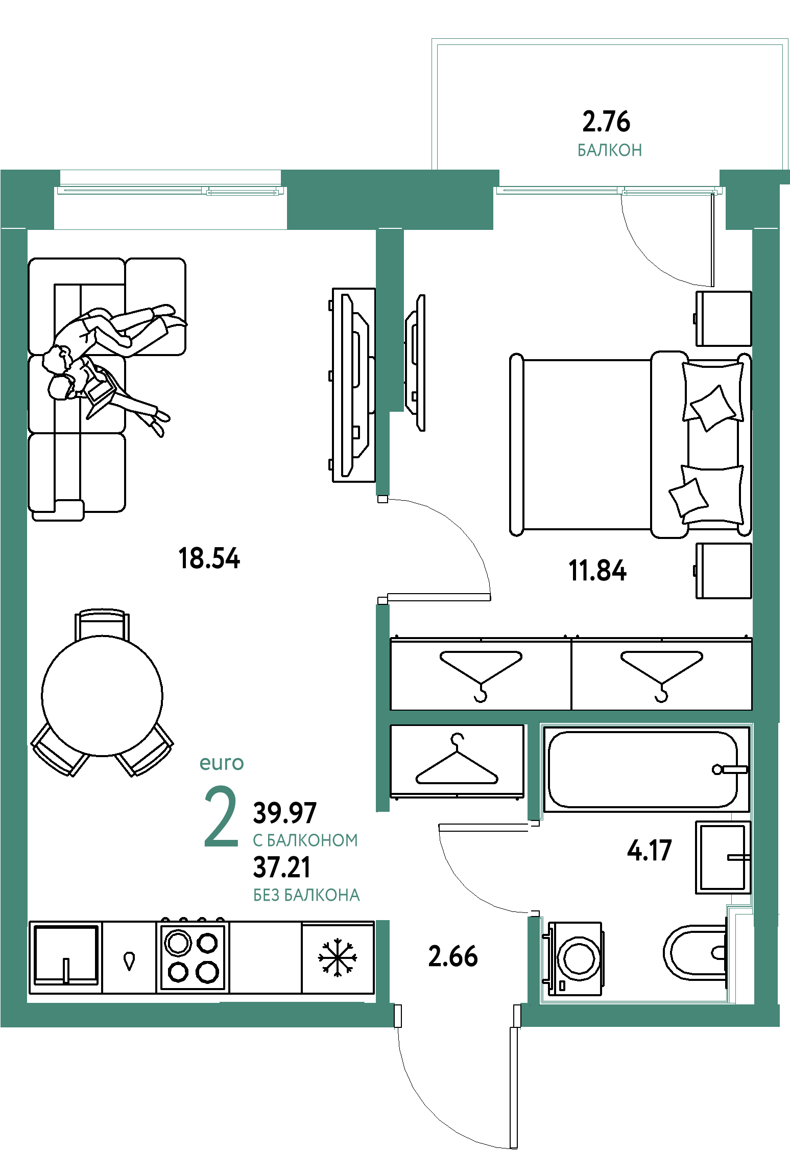 Планировка: Евродвушка 39,97 м² в ЖК «Европейский берег 2.0»