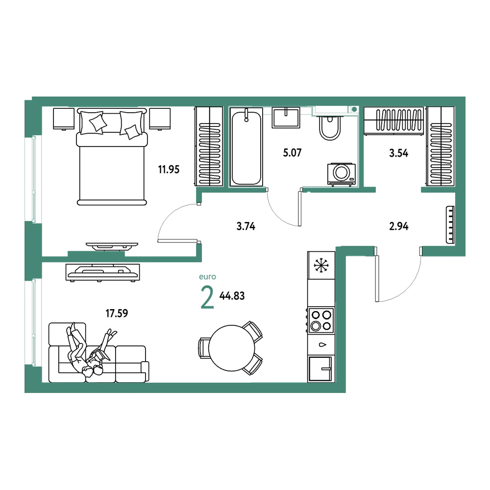 Планировка: Евродвушка 44,83 м²