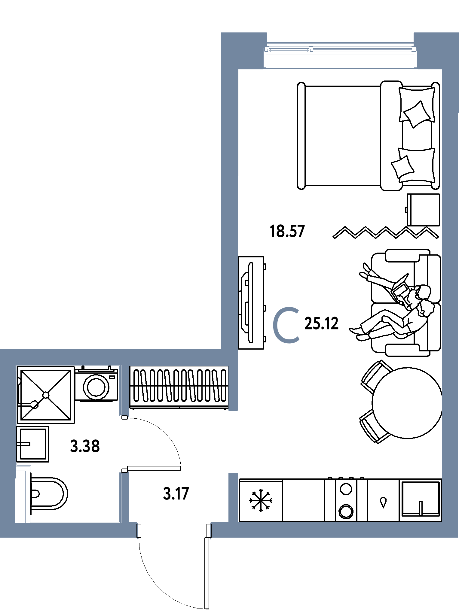 Планировка: Студия 25,12 м² в ЖК «Остров-сад»