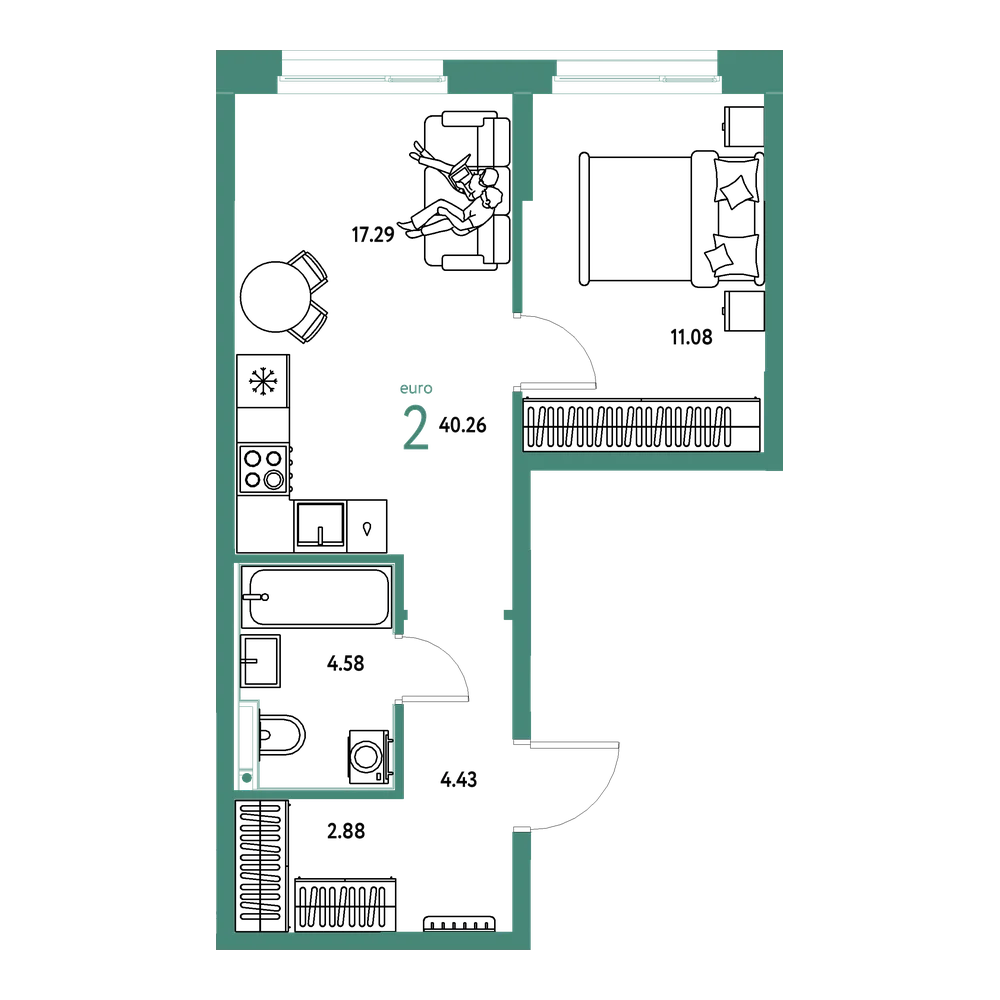 Планировка: Евродвушка 40,26 м²