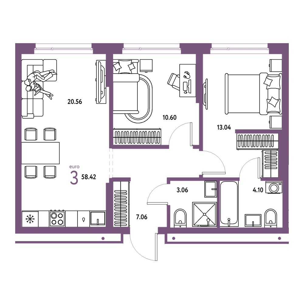 Планировка: Евротрёшка 58,42 м²
