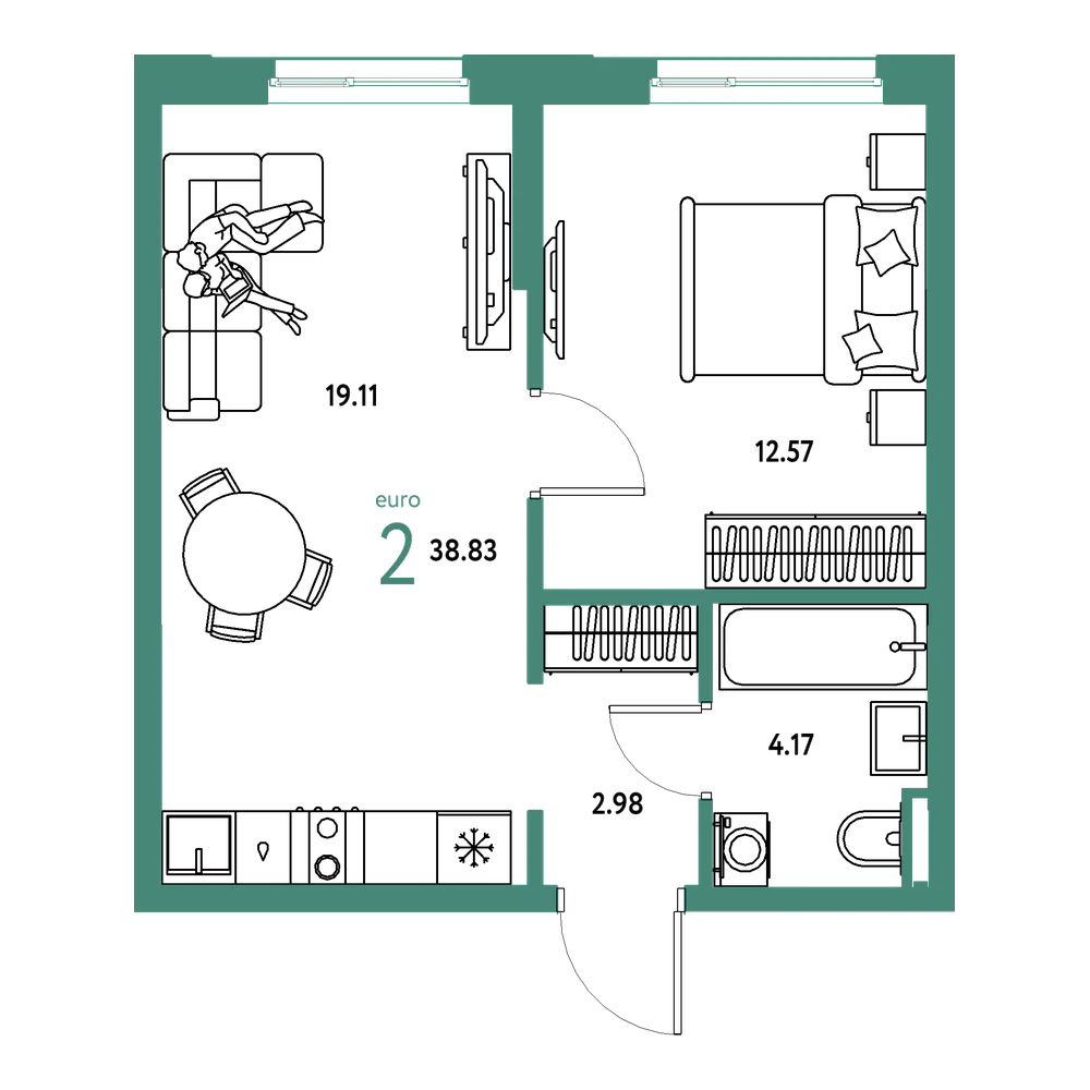 Планировка: Евродвушка 38,83 м²