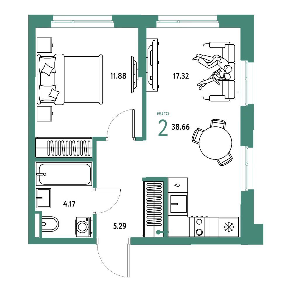 Планировка: Евродвушка 38,66 м²