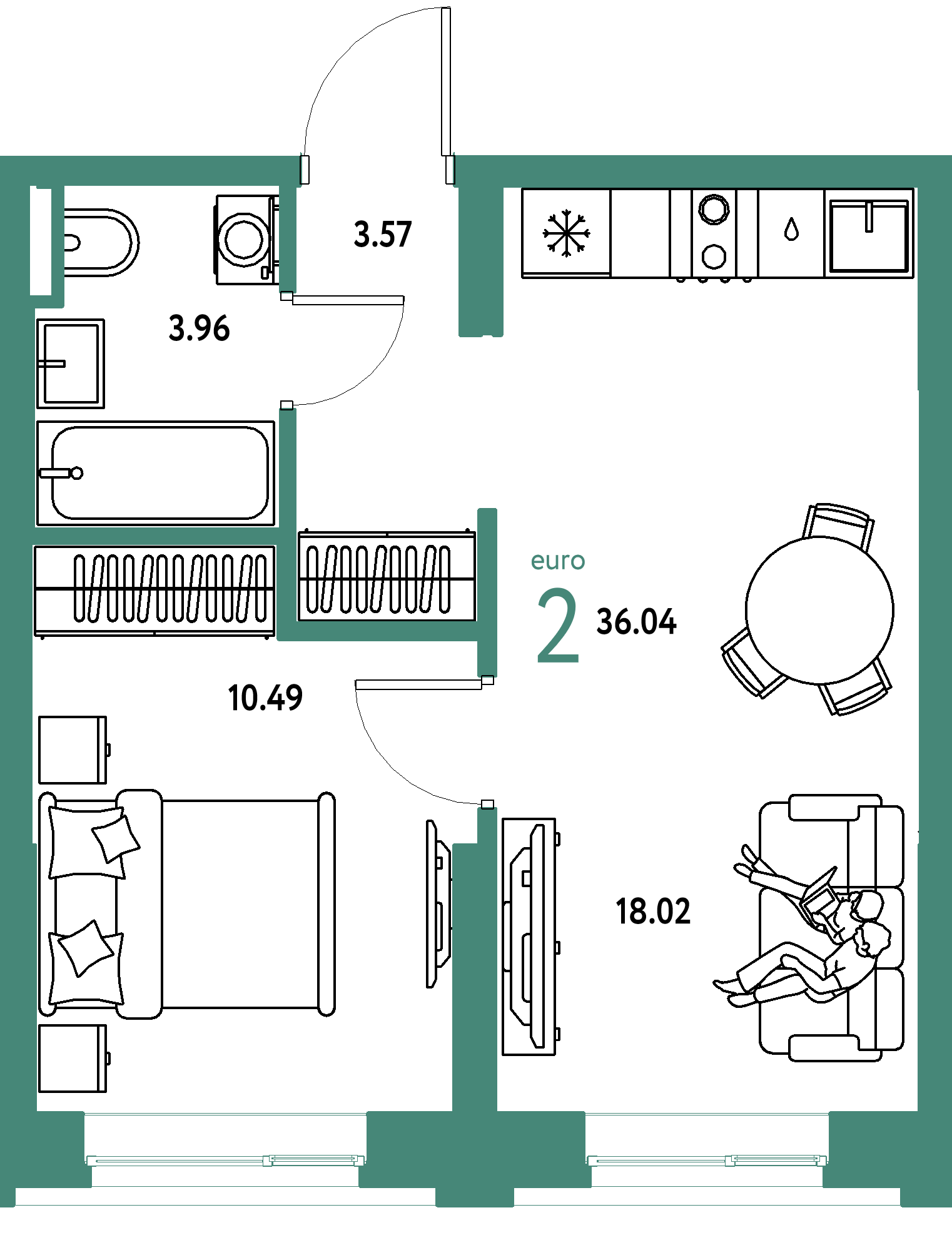 Планировка: Евродвушка 36,04 м² в ЖК «Остров-сад»