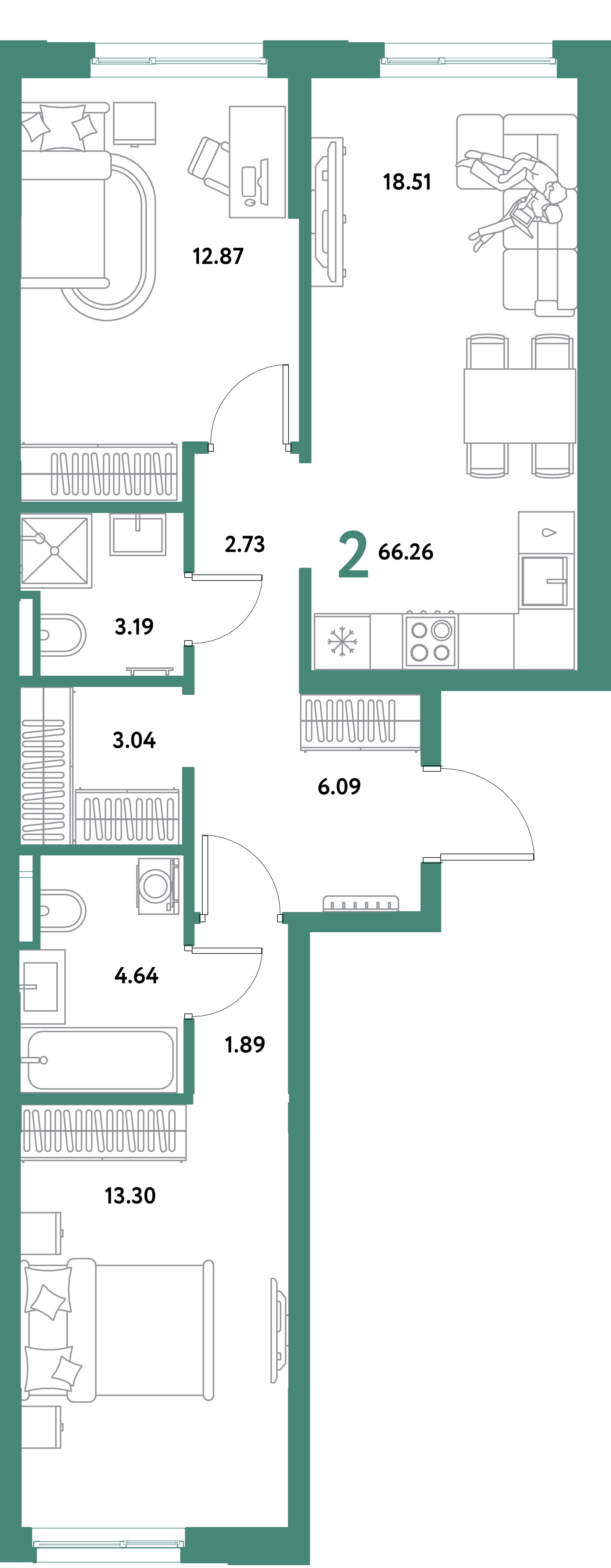 Планировка: 2-комнатная 66,26 м² в ЖК «Остров-сад»