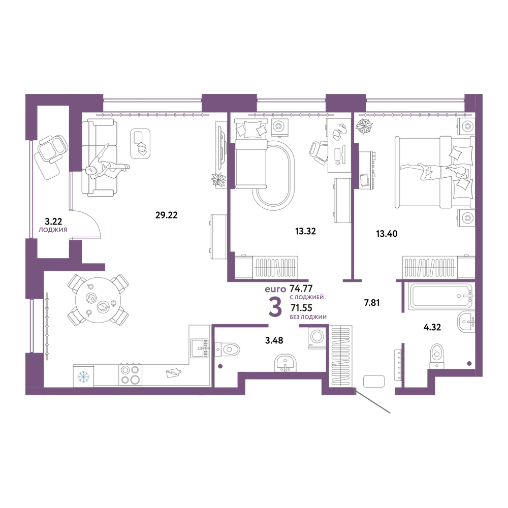 Планировка: 3-комнатная 74,77 м²