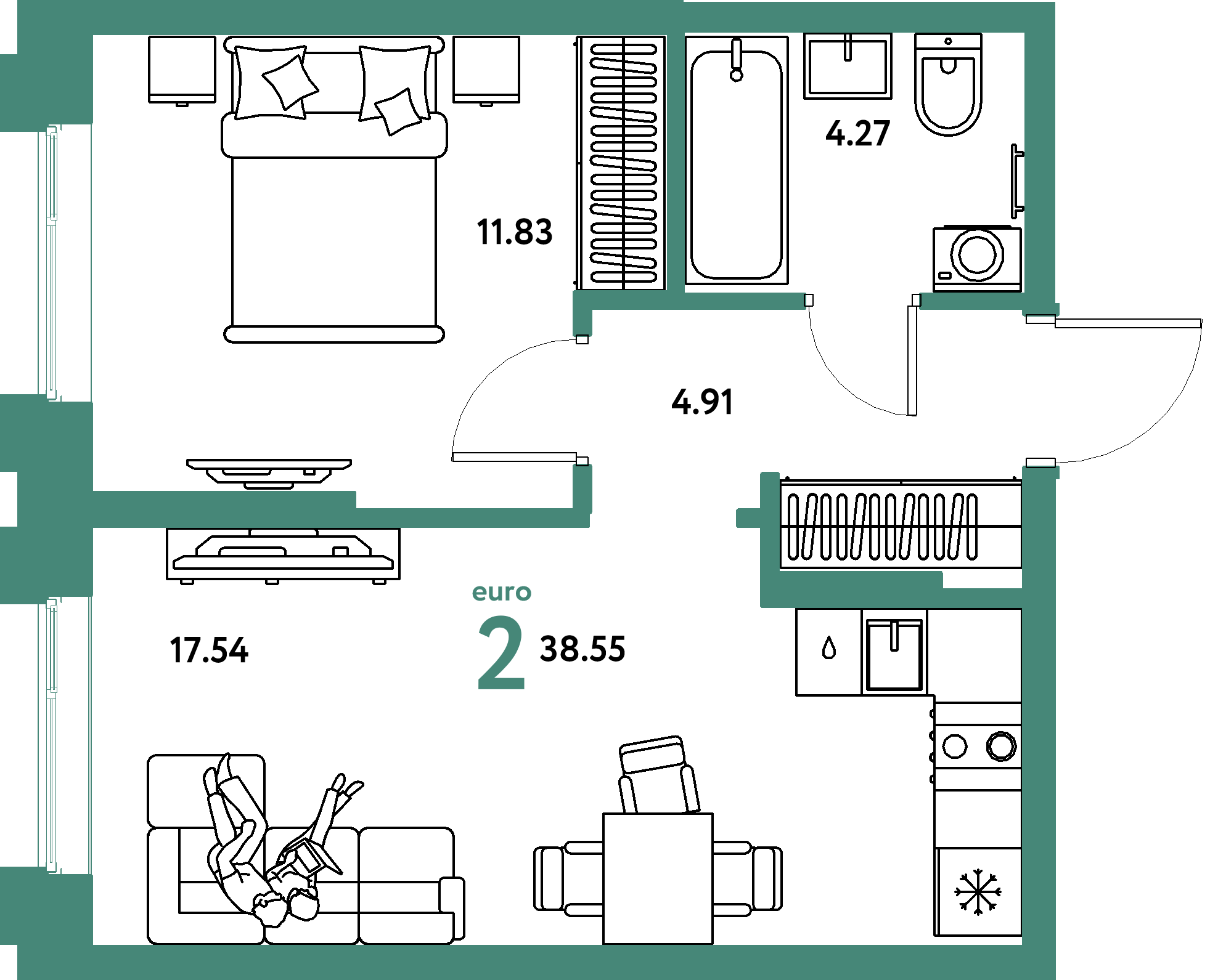Планировка: Евродвушка 38,55 м² в ЖК «Европейский берег 2.0»