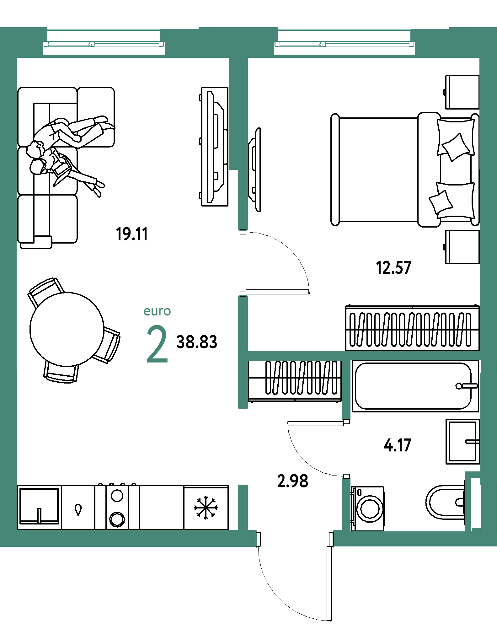 Планировка: Евродвушка 38,83 м² в ЖК «Остров-сад»