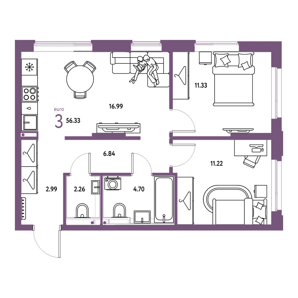 Планировка: Евротрёшка 56,33 м²