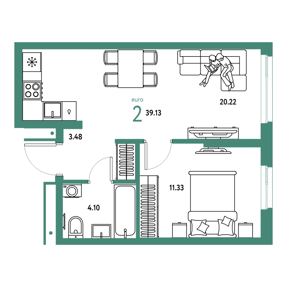 Планировка: Евродвушка 39,13 м²