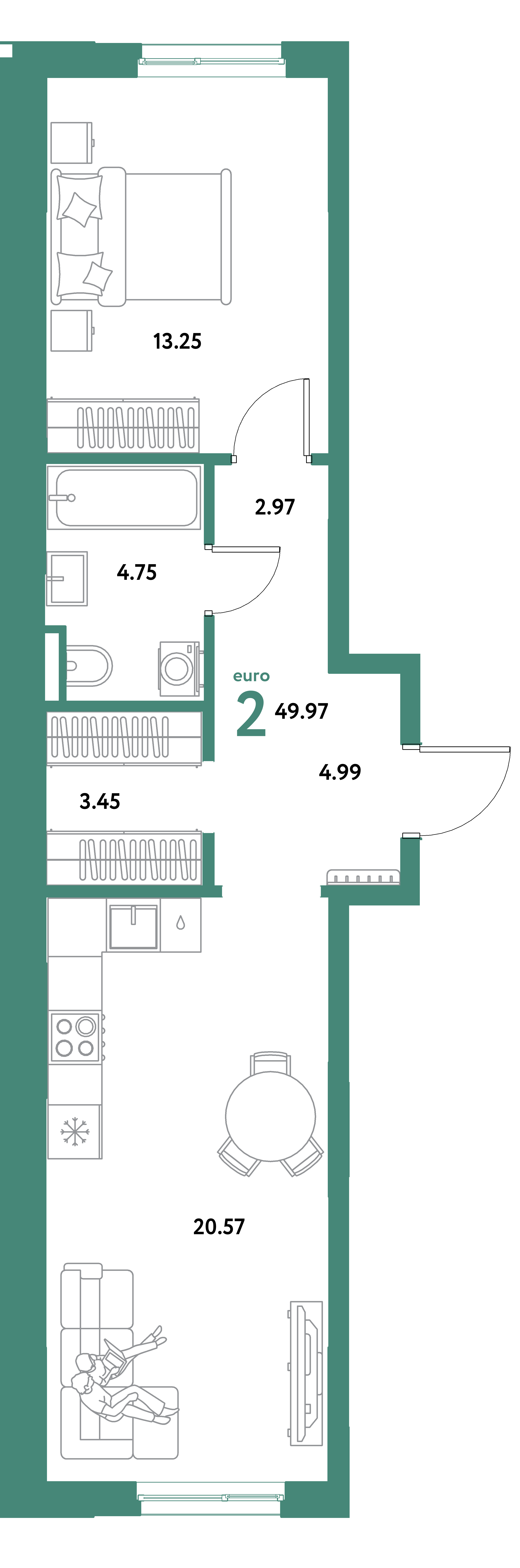 Планировка: Евродвушка 49,97 м² в ЖК «Остров-сад»