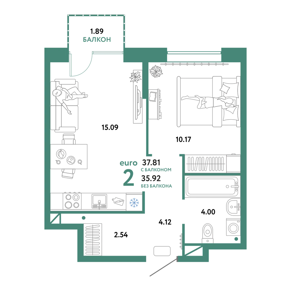 Планировка: Евродвушка 37,81 м²