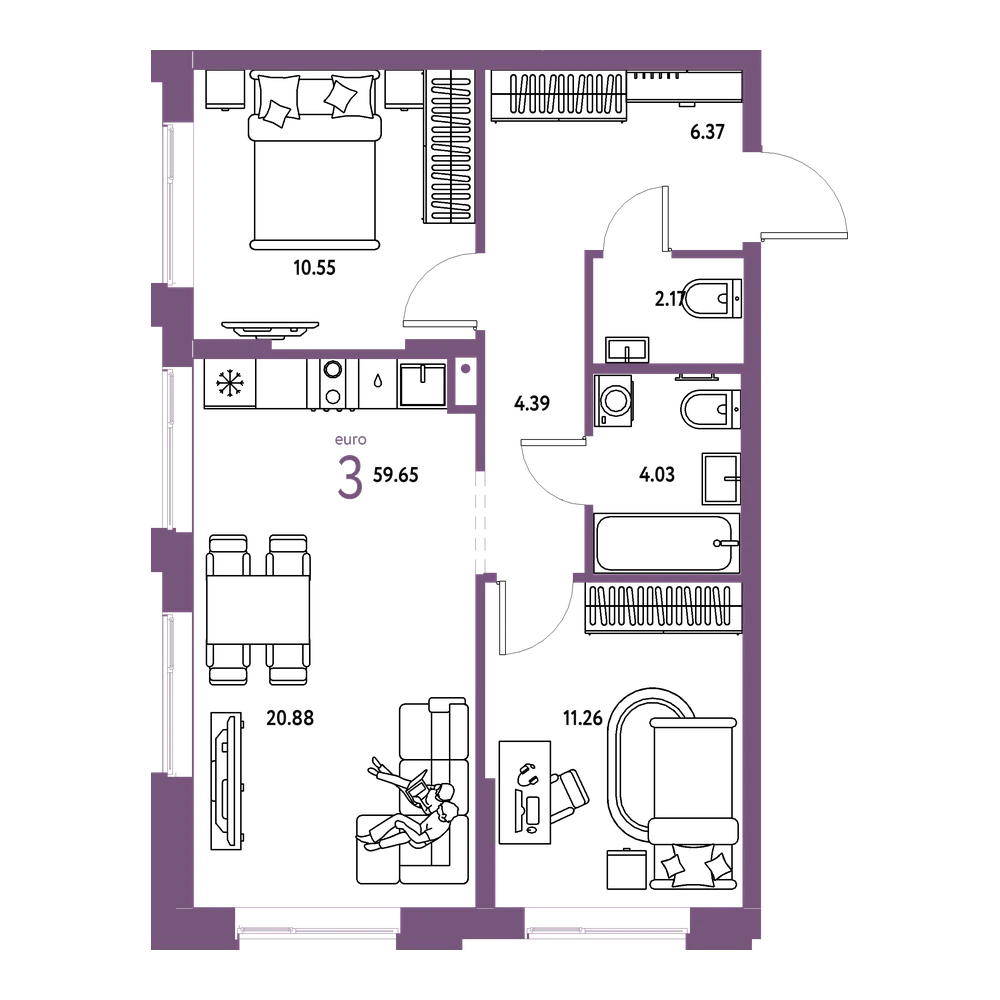 Планировка: Евротрёшка 59,65 м²