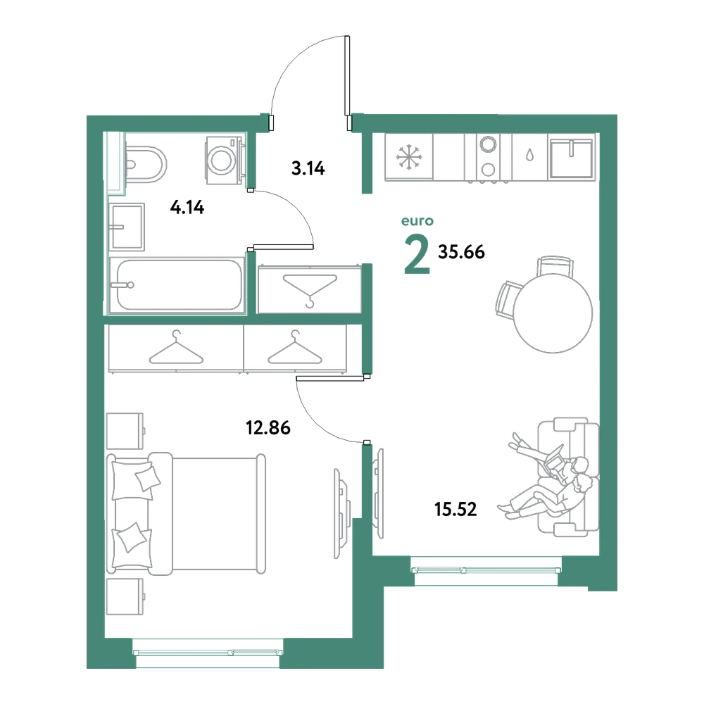 Планировка: Евродвушка 35,66 м²
