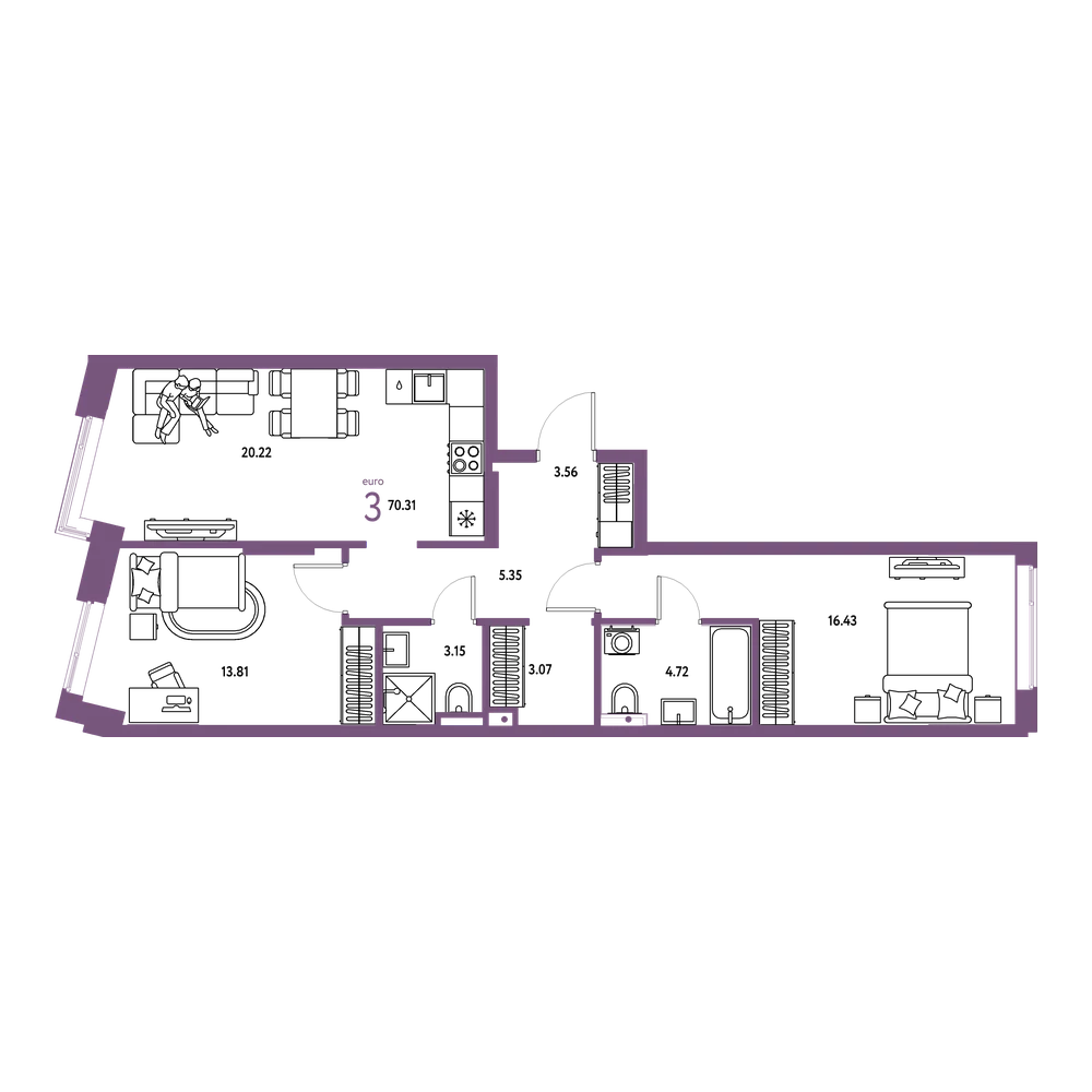 Планировка: Евротрёшка 70,31 м²