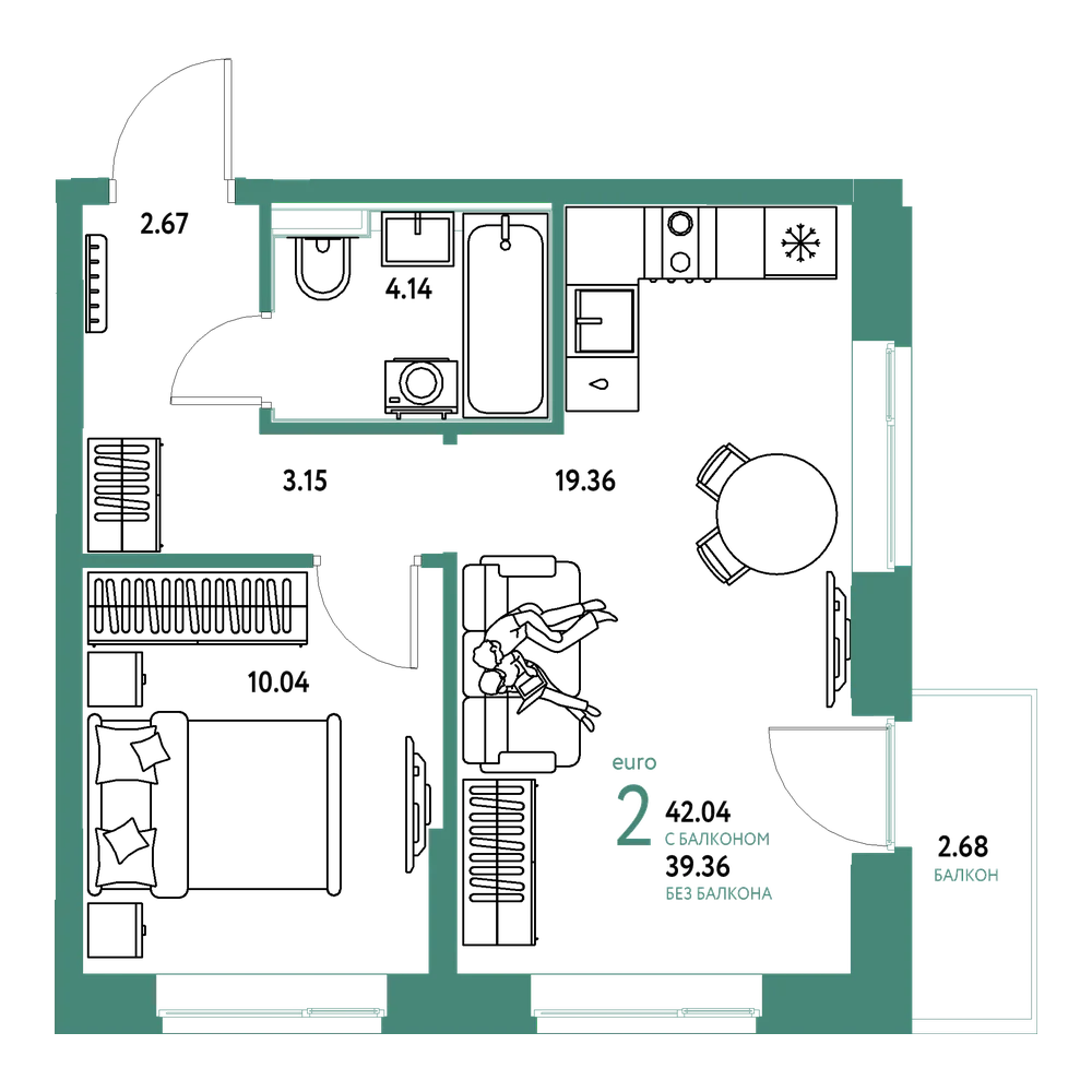 Планировка: Евродвушка 42,04 м²