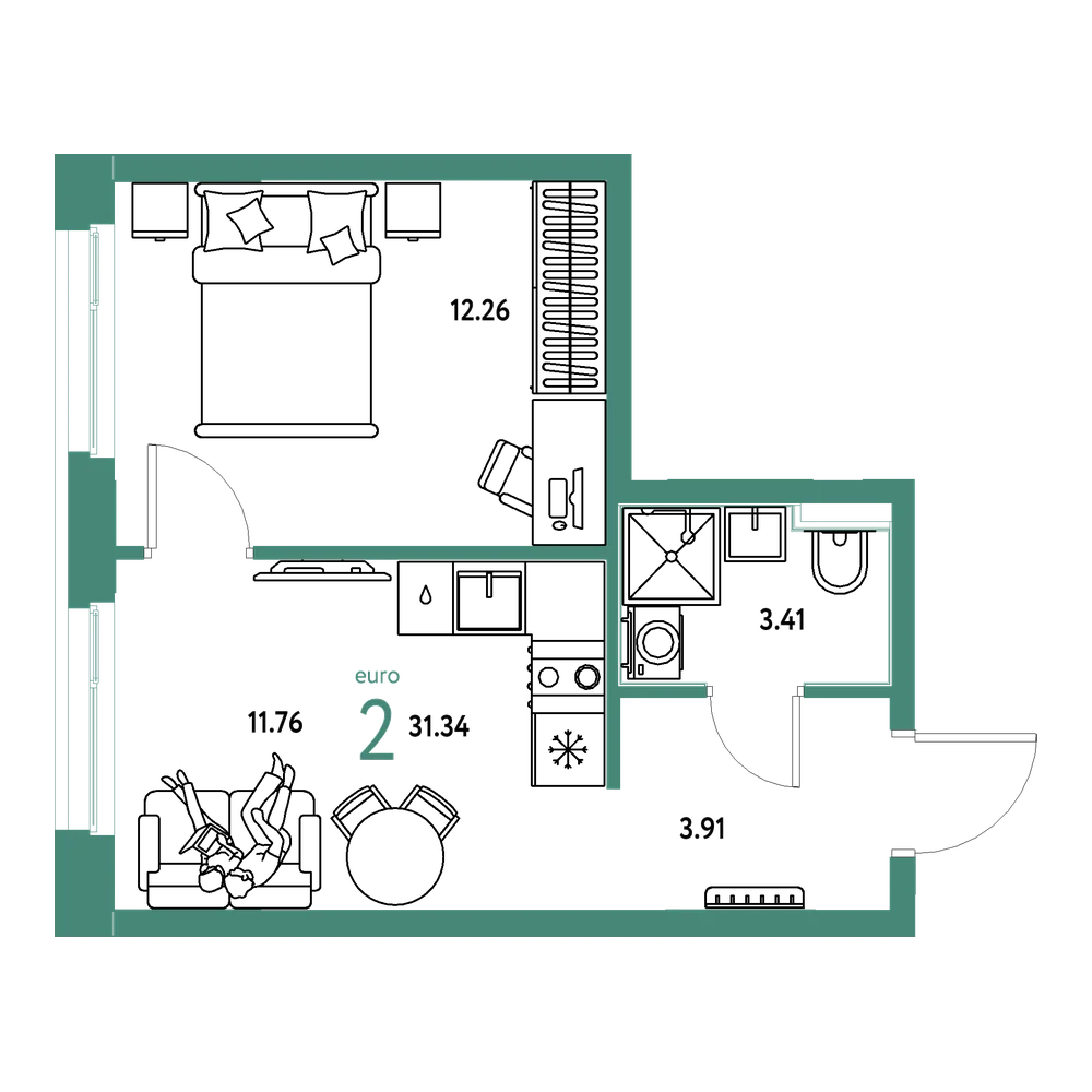 Планировка: Евродвушка 31,34 м²