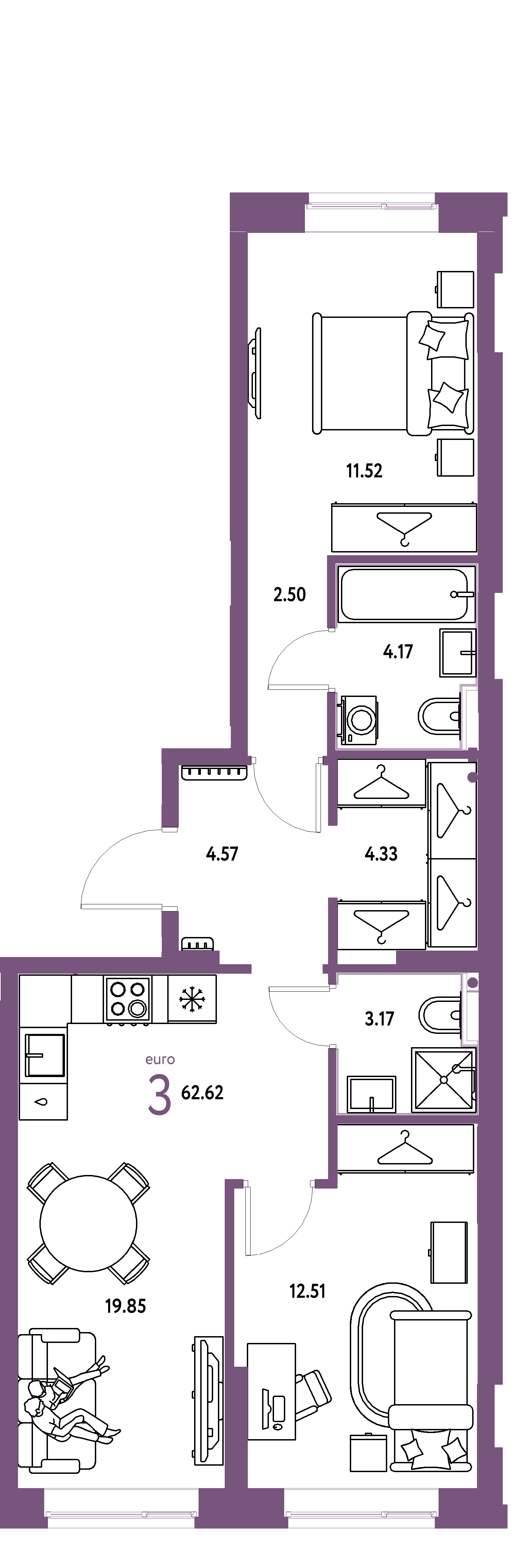 Планировка: Евротрёшка 62,62 м² в ЖК «Европейский берег 2.0»