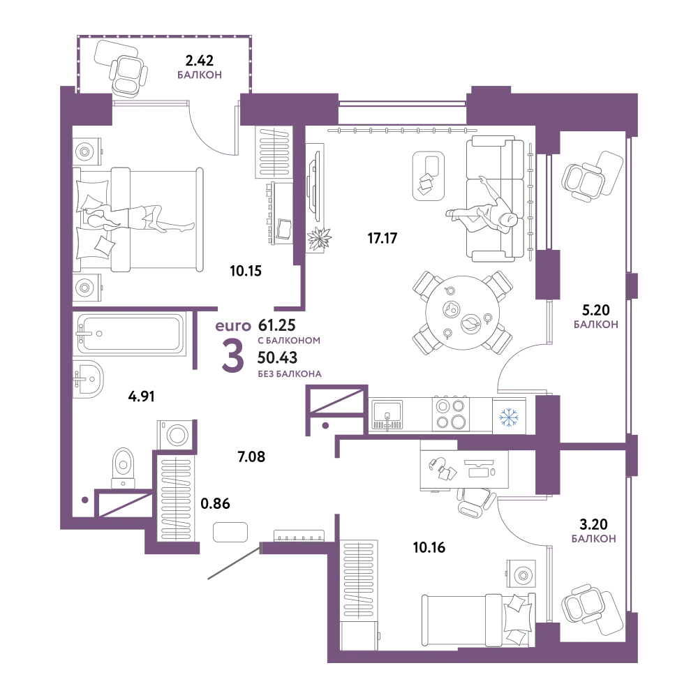 Планировка: Евротрёшка 61,25 м²