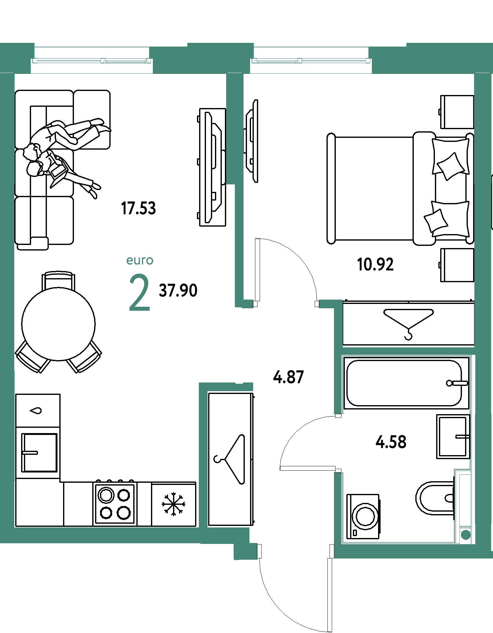 Планировка: Евродвушка 37,9 м² в ЖК «Европейский берег 2.0»