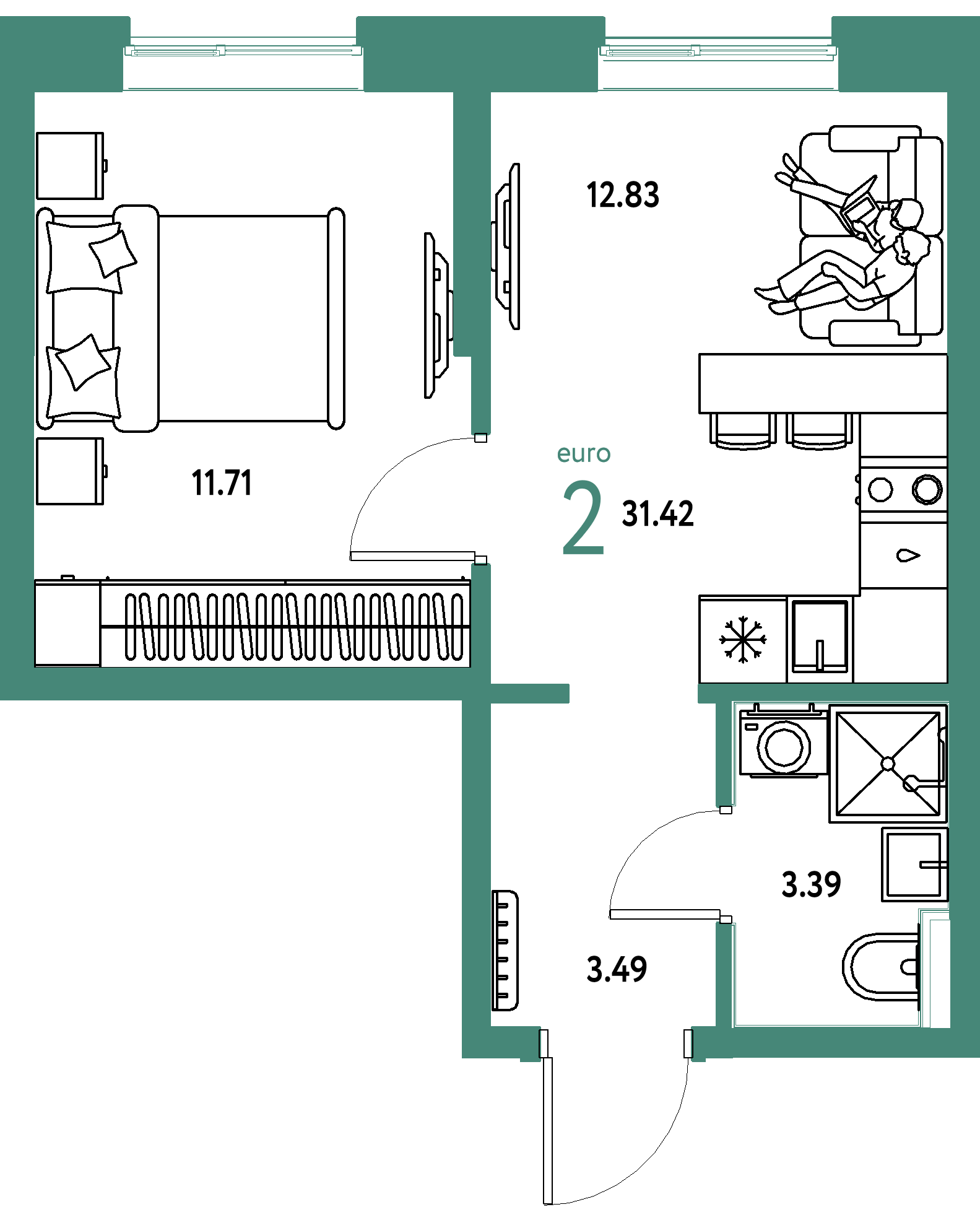 Планировка: Евродвушка 31,42 м² в ЖК «Остров-сад»