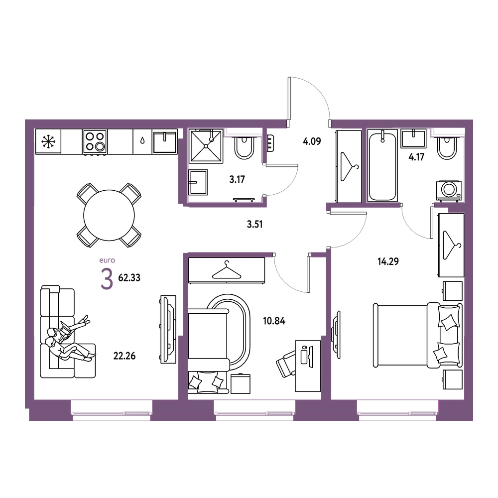 Планировка: Евротрёшка 62,33 м²