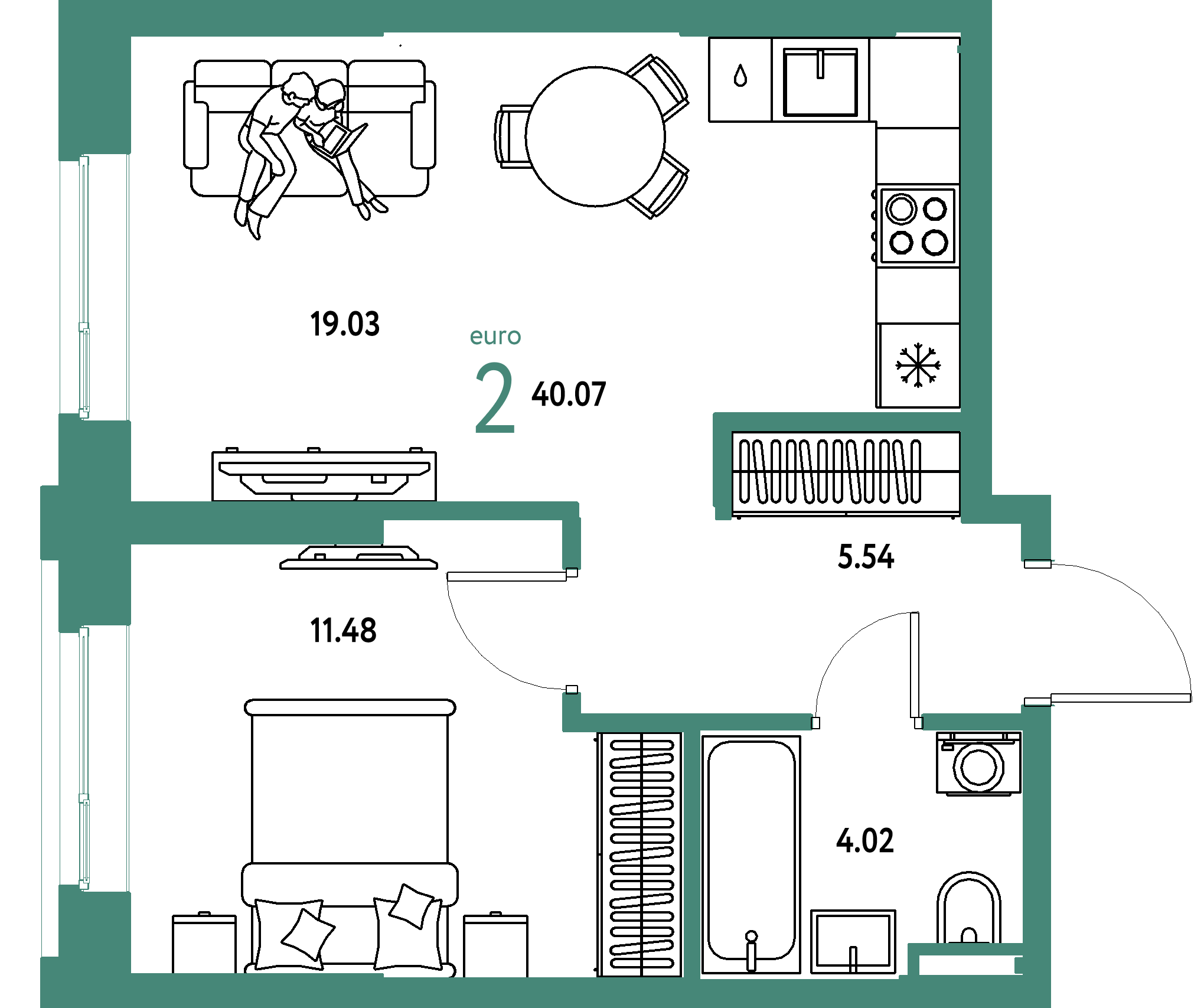Планировка: Евродвушка 40,07 м² в ЖК «Остров-сад»