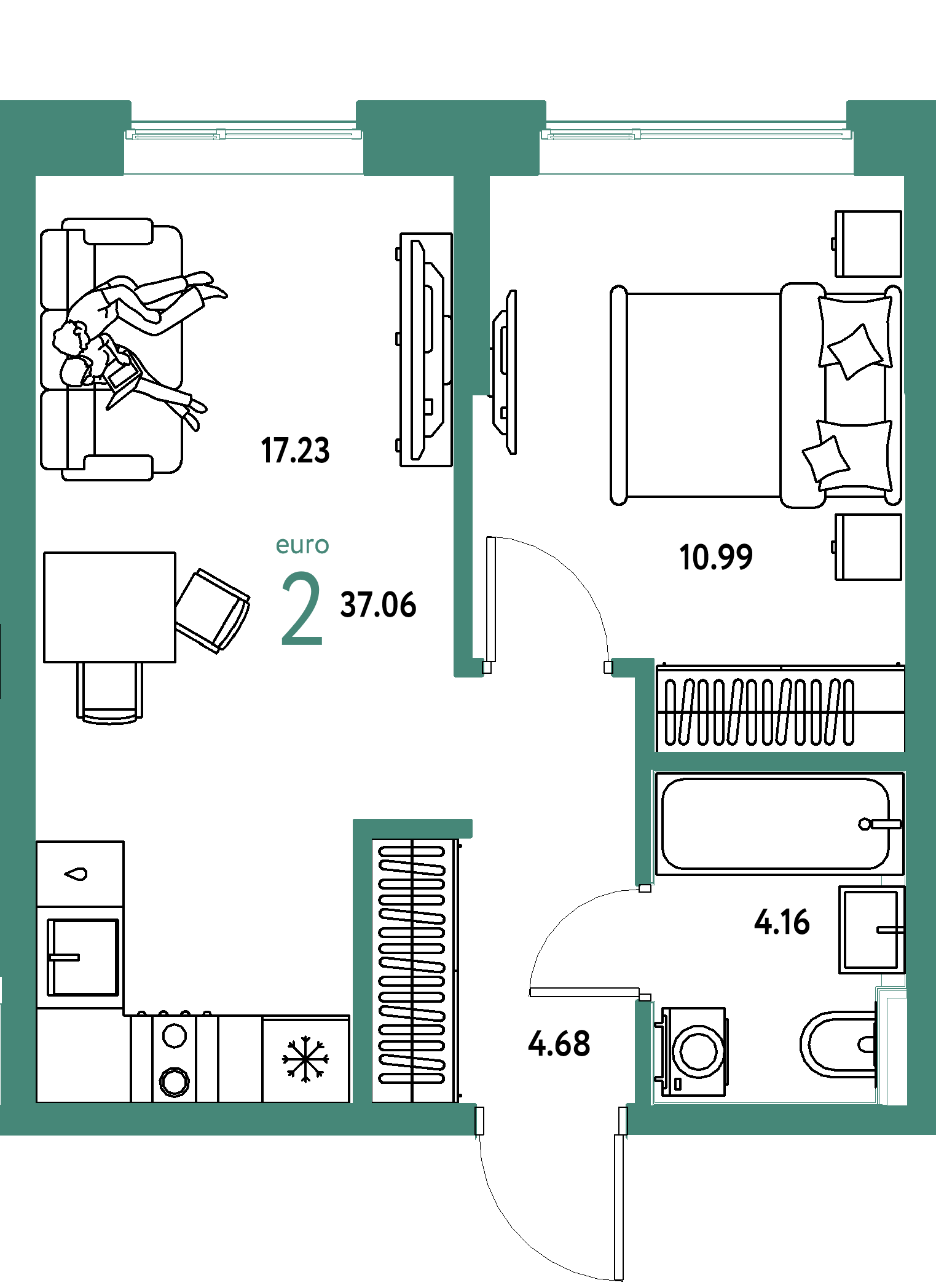 Планировка: Евродвушка 37,06 м² в ЖК «Остров-сад»